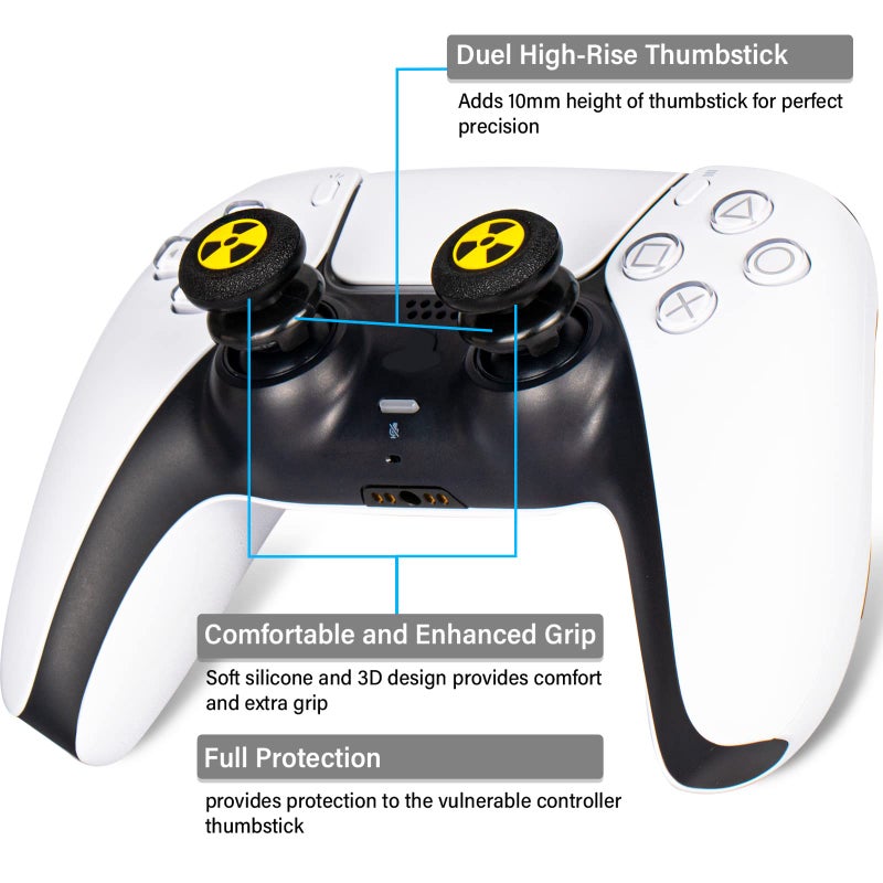 Playrealm FPS Thumbstick Extender & 3D Texture Rubber Silicone Grip Cover 2 Sets for PS5 Dualsenese & PS4 Controller (Radiation Black) - Image 2